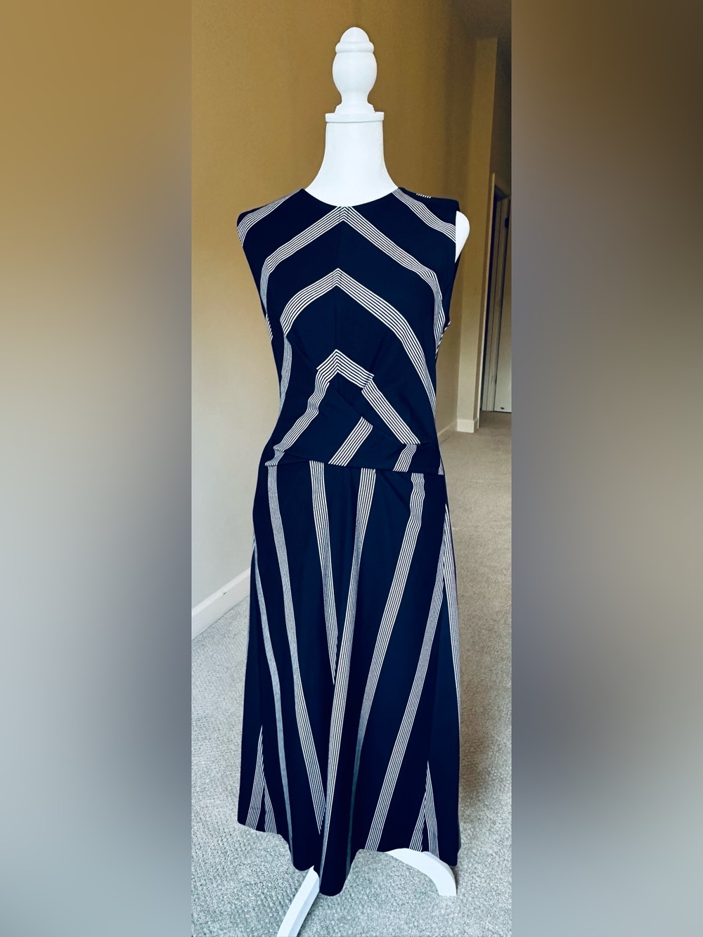 Tanya Taylor Lolanda Navy White Geometric Stripe Midi Dress S